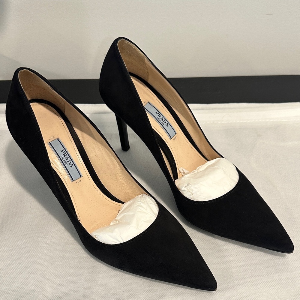 Prada Suede Leather Black Pointed Toe Heels Pump 38